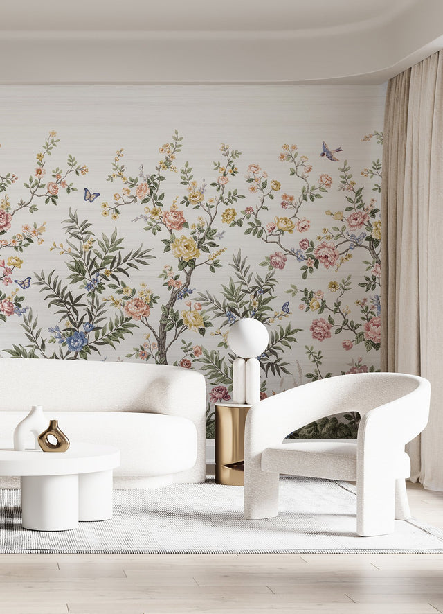Spring Chinoiserie Soft White Wall Mural with Nature Motif, Farmhouse Style - A-Street Prints ASTM5055