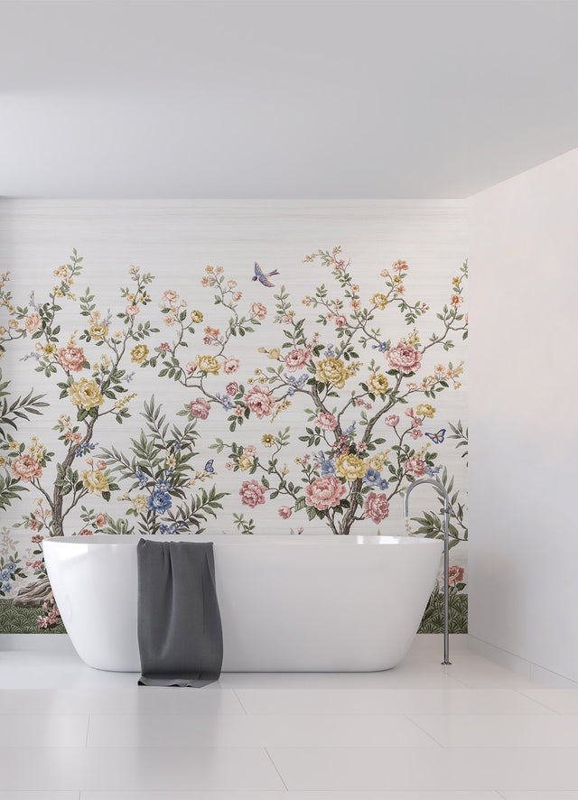 Spring Chinoiserie Soft White Wall Mural with Nature Motif, Farmhouse Style - A-Street Prints ASTM5055