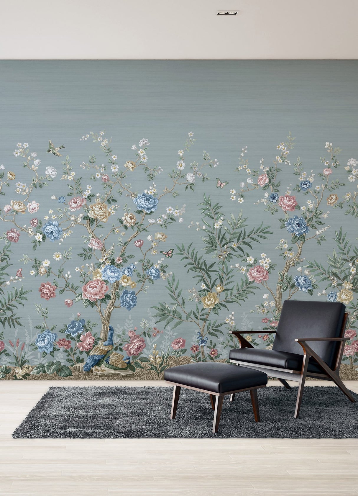 Winter Chinoiserie Robin's Egg Blue Wall Mural with Nature Chinoiserie Pattern, Farmhouse Style - A-Street Prints ASTM5057