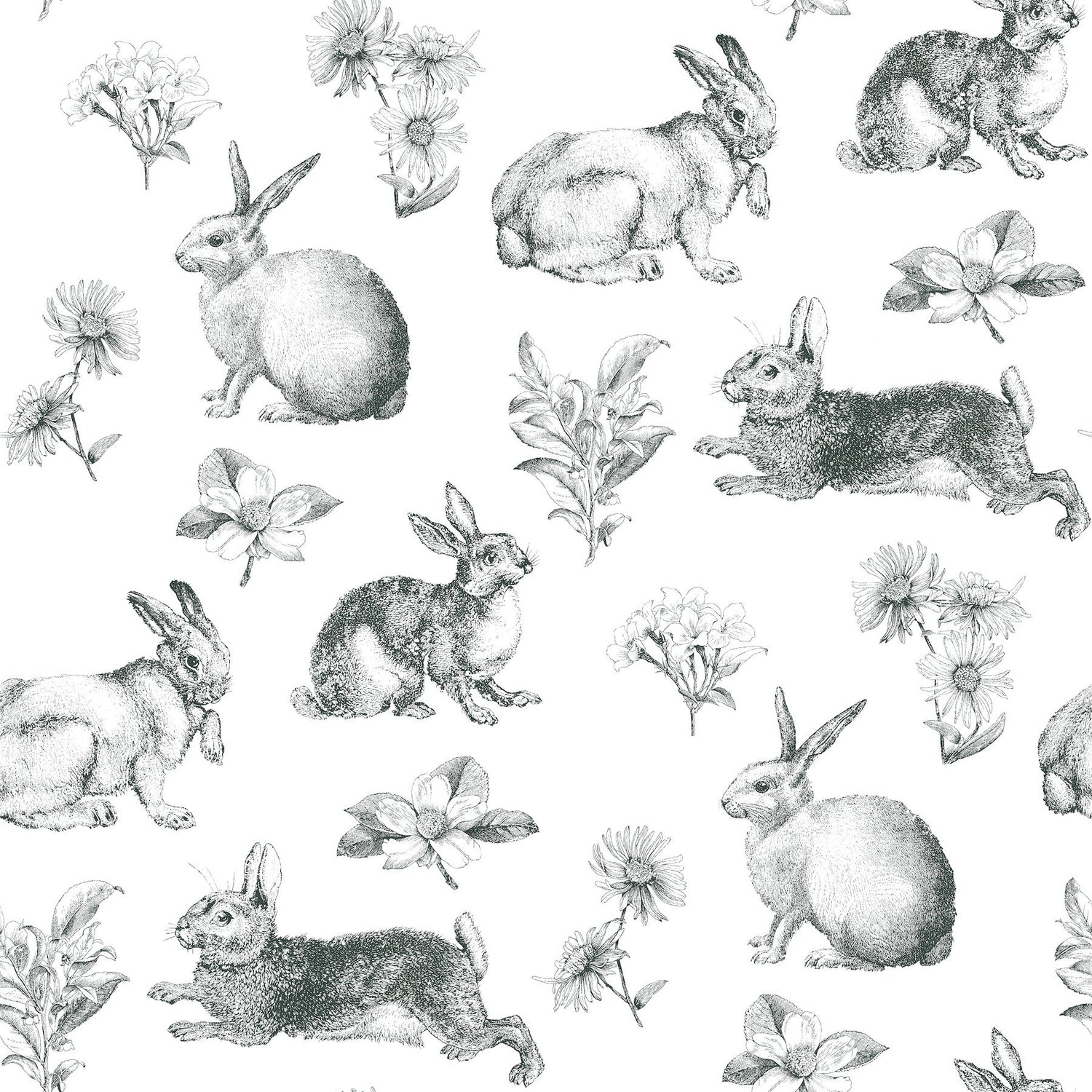 Bunny Toile Black & White Wallpaper with Toile Bunny and Floral Motif - York AT4263