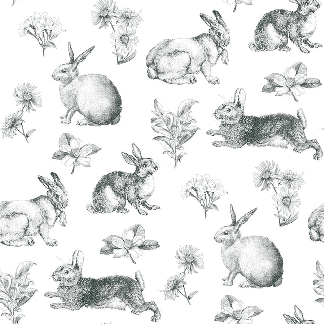 Bunny Toile Black & White Wallpaper with Toile Bunny and Floral Motif - York AT4263