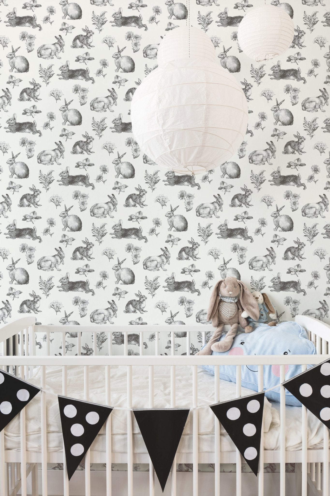 Bunny Toile Black & White Wallpaper with Toile Bunny and Floral Motif - York AT4263