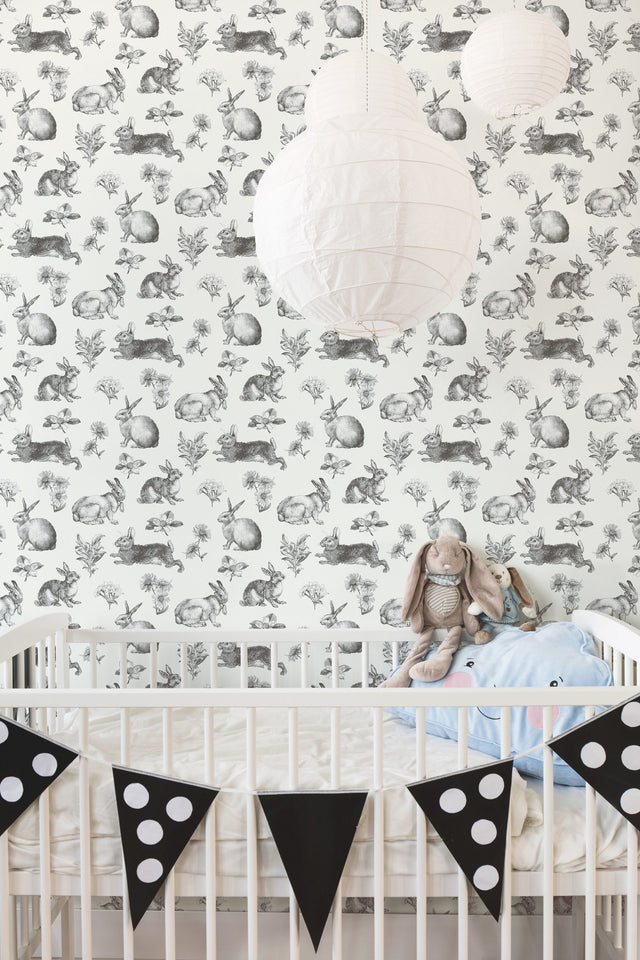 Bunny Toile Black & White Wallpaper with Toile Bunny and Floral Motif - York AT4263