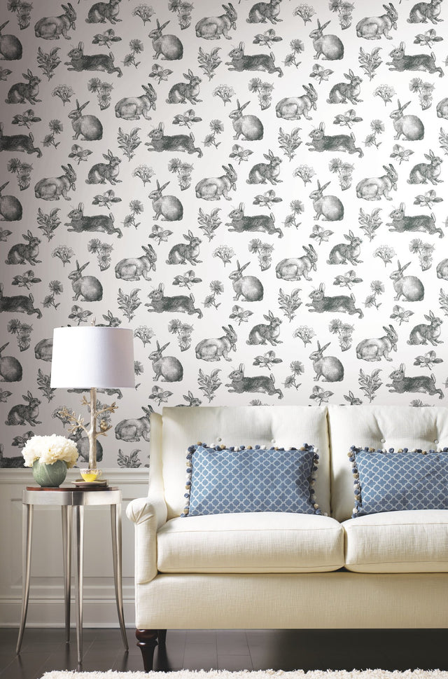 Bunny Toile Black & White Wallpaper with Toile Bunny and Floral Motif - York AT4263