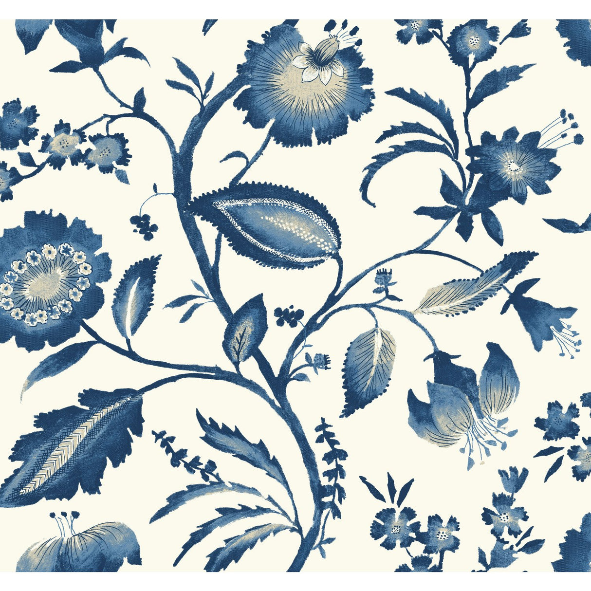 Watercolor Jacobean Blue & White Prepasted Wallpaper with Large-Scale Floral Vine Pattern - York AT7021