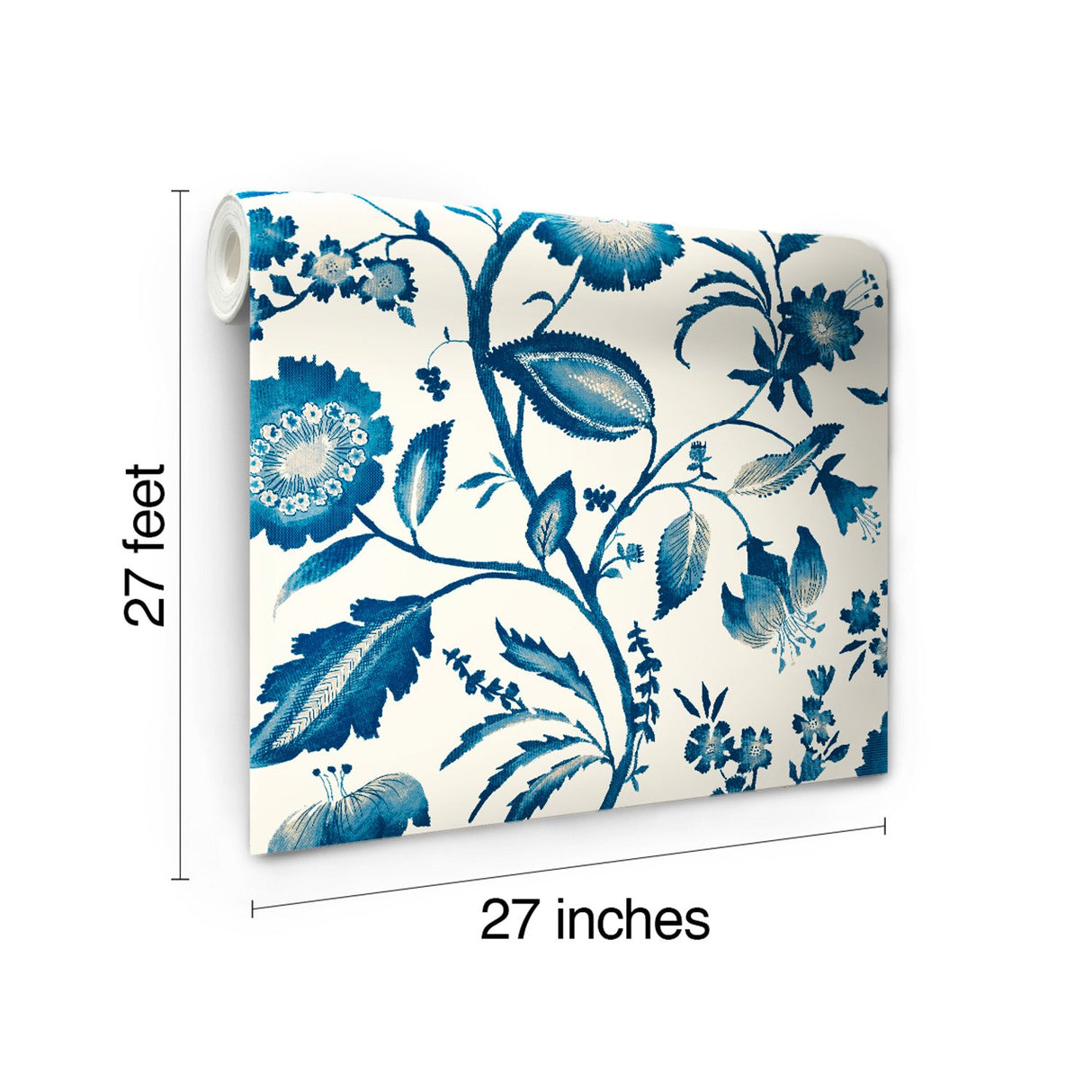 Watercolor Jacobean Blue & White Prepasted Wallpaper with Large-Scale Floral Vine Pattern - York AT7021