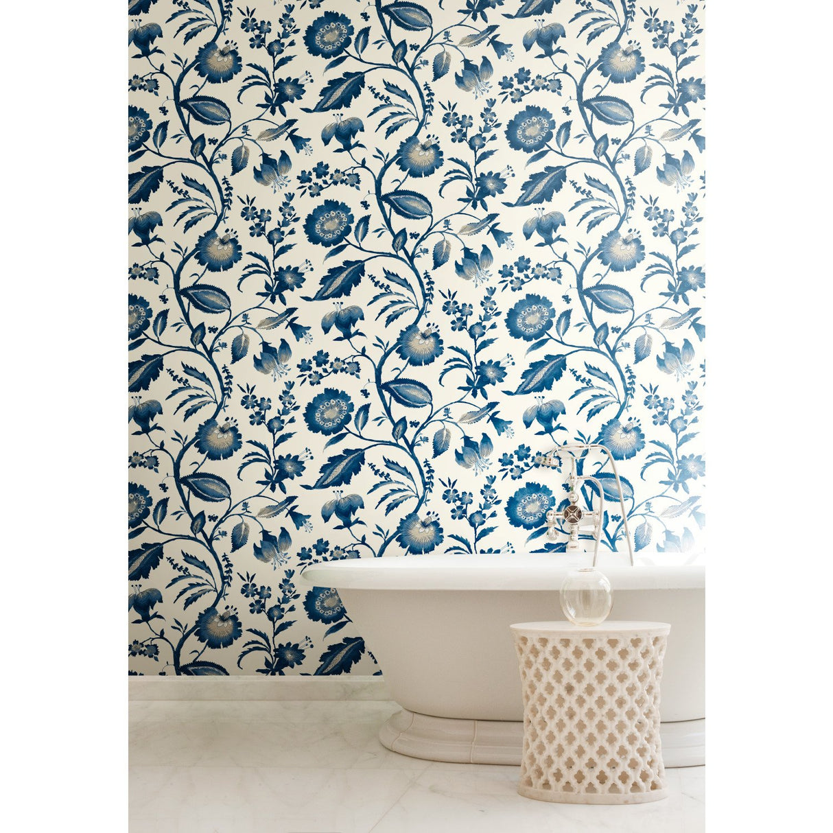 Watercolor Jacobean Blue & White Prepasted Wallpaper with Large-Scale Floral Vine Pattern - York AT7021