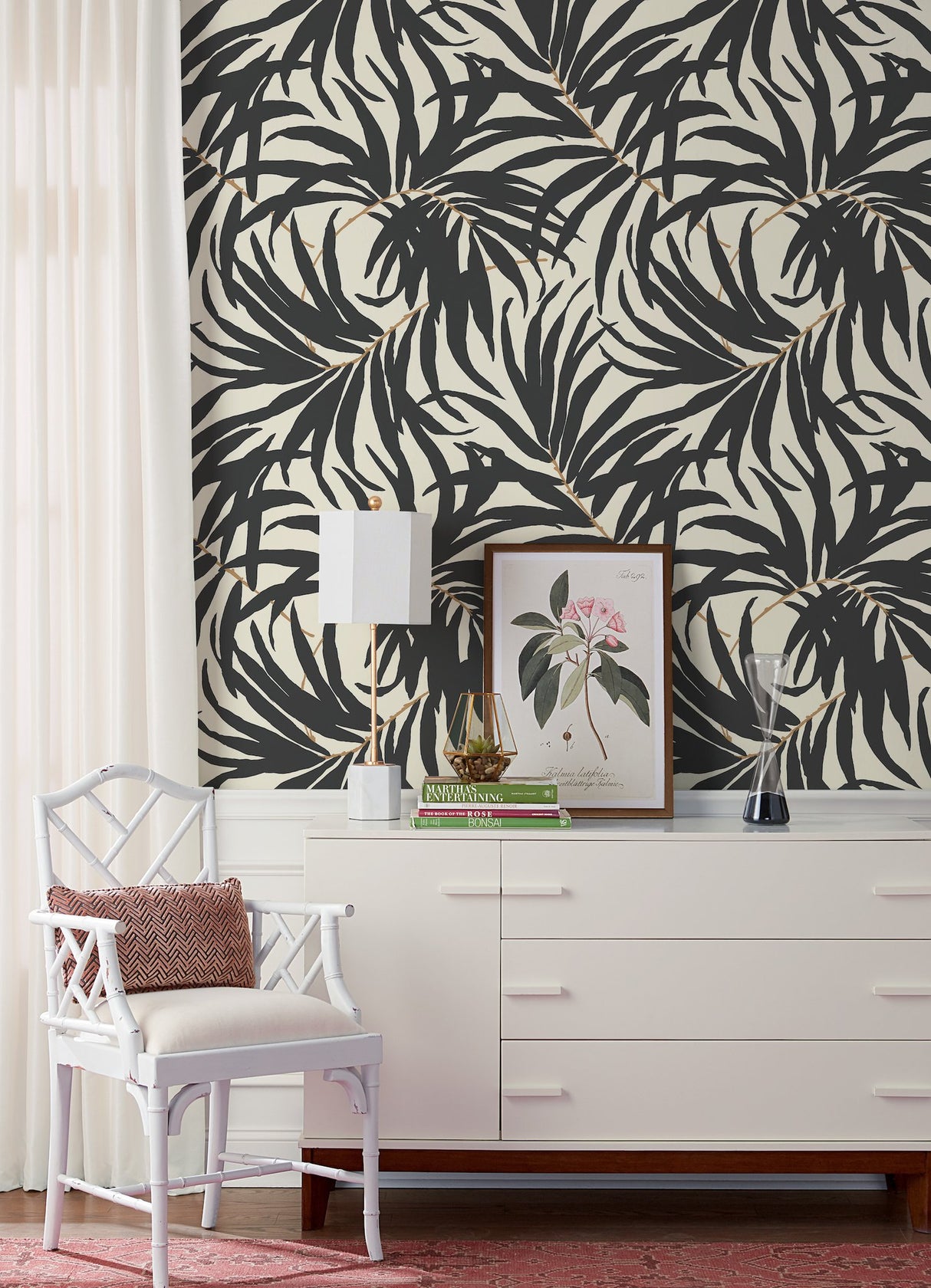 Bali Leaves Off White & Dark Grey Wallpaper with Botanical Palm Leaf Pattern - York AT7056
