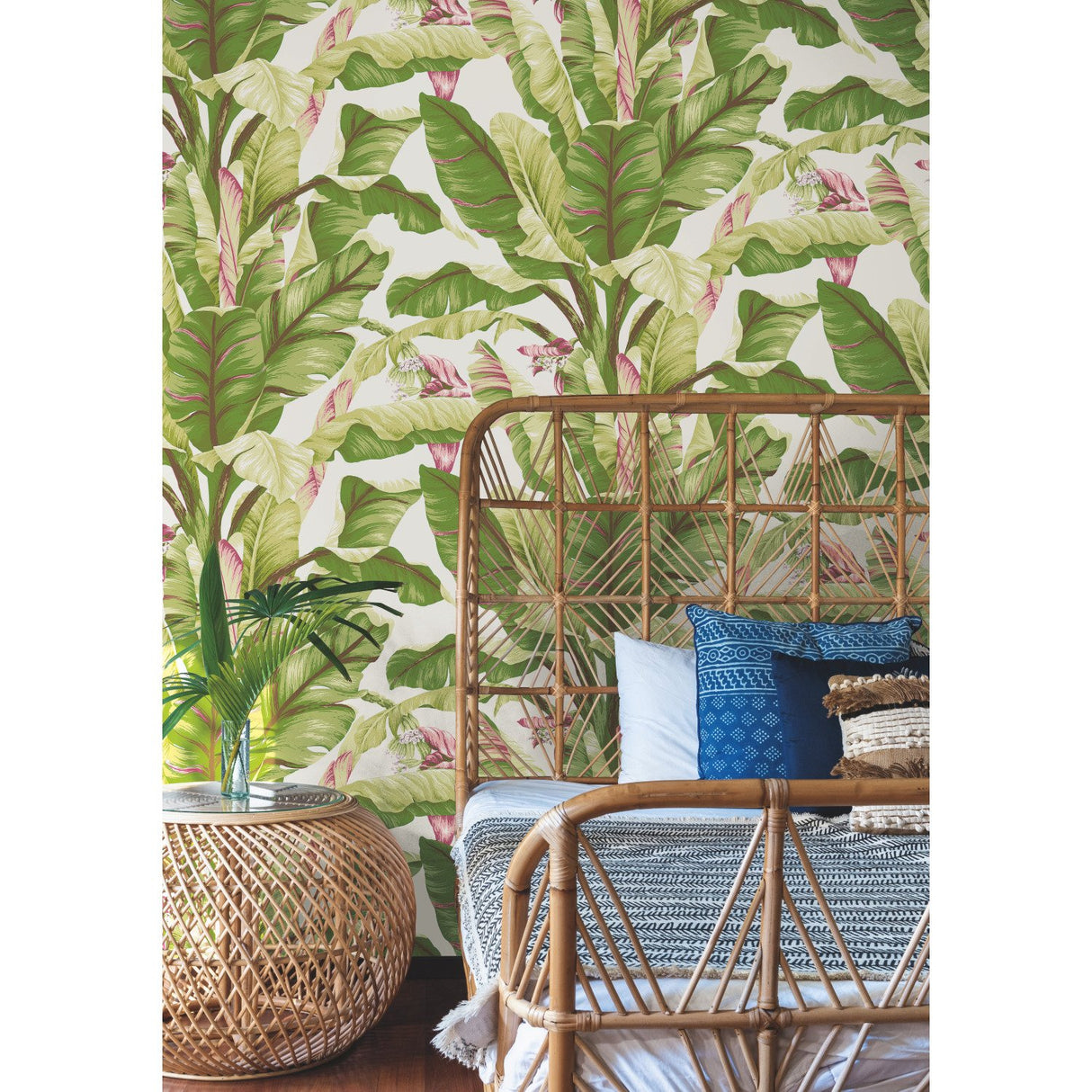 Banana Leaf Dark Brown & Pink Wallpaper with Tropical Botanical Leaf Motif - York AT7067