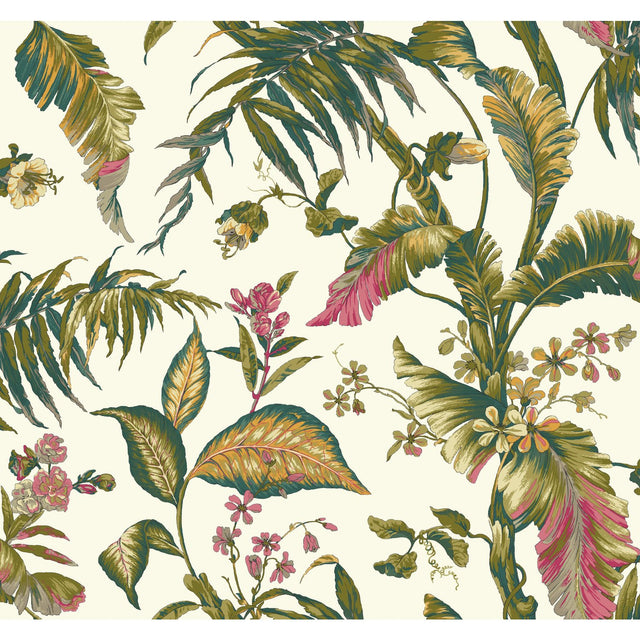 Fiji Garden White & Teal Wallpaper with Tropical Botanical Pattern, Prepasted Sure Strip - York AT7092