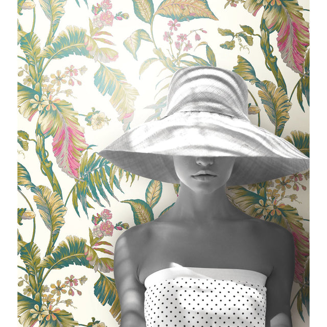 Fiji Garden White & Teal Wallpaper with Tropical Botanical Pattern, Prepasted Sure Strip - York AT7092