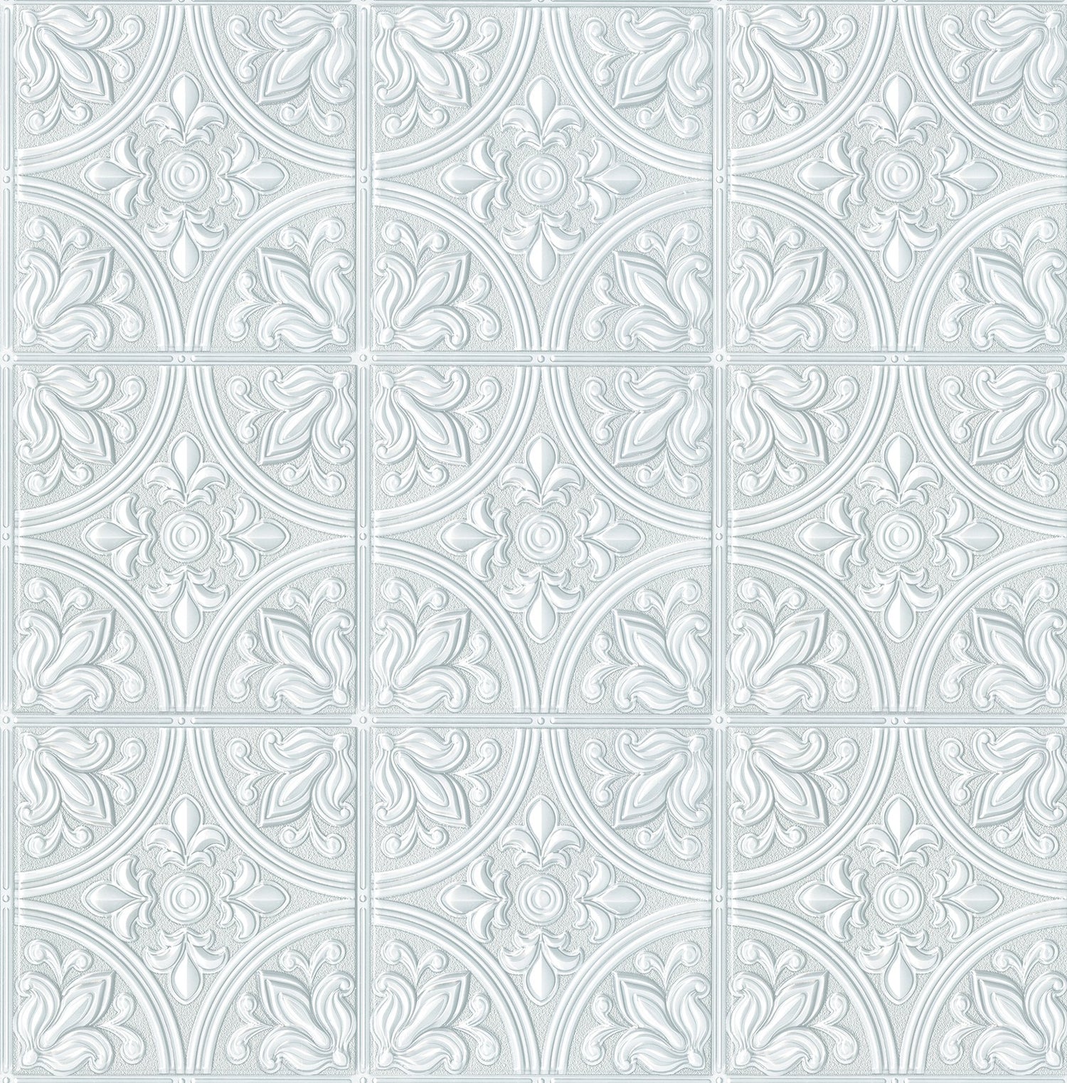 Willa Wall Tile White Peel & Stick Wallpaper with Floral Stamped Tile Motif - NuWallpaper ATS4746