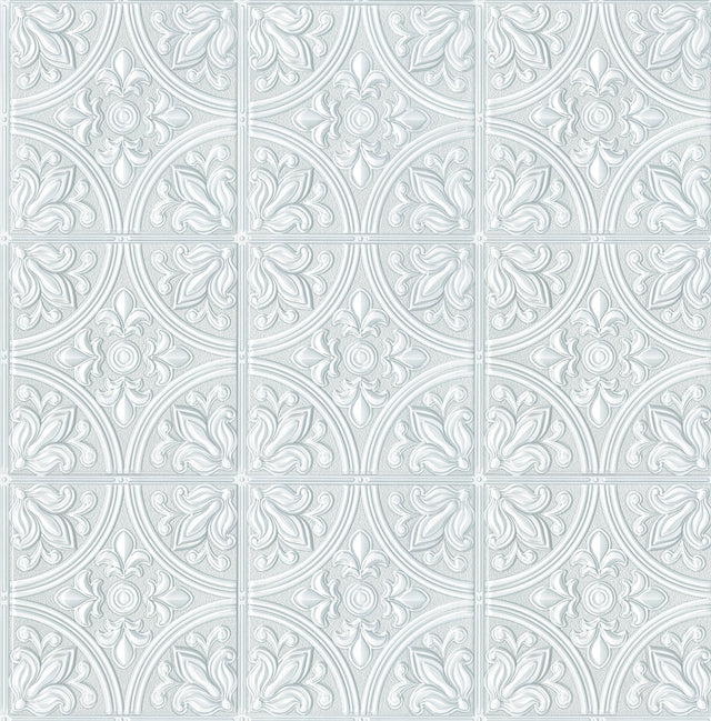 Willa Wall Tile White Peel & Stick Wallpaper with Floral Stamped Tile Motif - NuWallpaper ATS4746