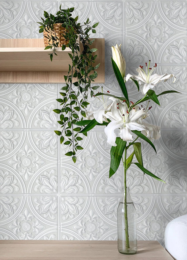 Willa Wall Tile White Peel & Stick Wallpaper with Floral Stamped Tile Motif - NuWallpaper ATS4746