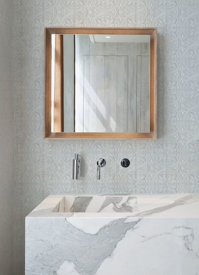 Willa Wall Tile White Peel & Stick Wallpaper with Floral Stamped Tile Motif - NuWallpaper ATS4746