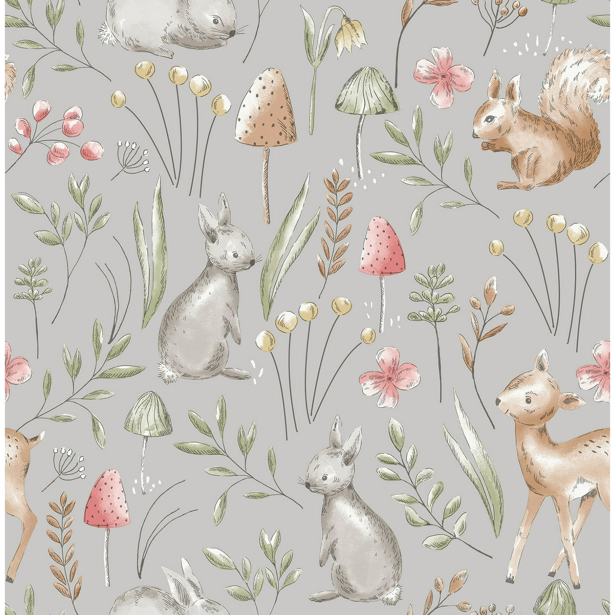 Advantage Forest Animals Grey Whimsical Wallpaper roll with woodland animals and botanicals