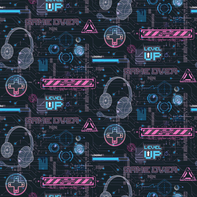 Casper Pink Gamer Wallpaper pattern with neon gaming graphics on dark ground