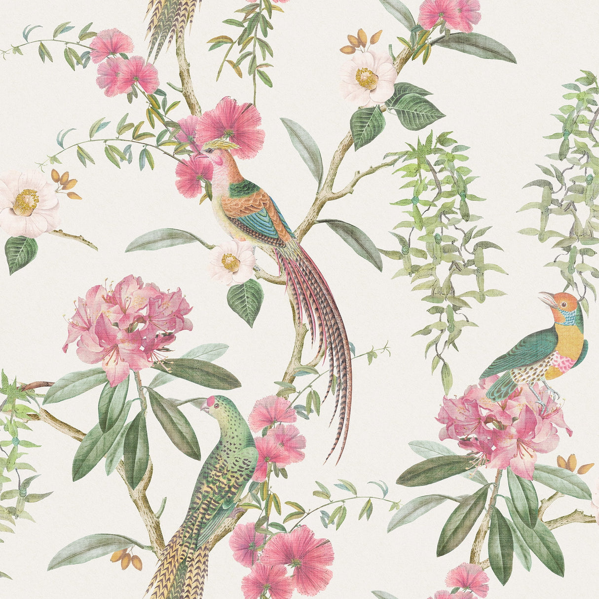 Celine Pink Courtyard Garden wallpaper by Arthouse with tropical birds and florals