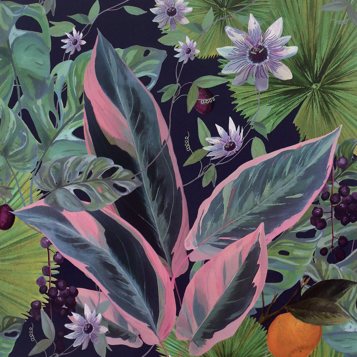 Arthouse Etta Navy Tropical Wallpaper roll with botanical fruit and flower motif on navy background