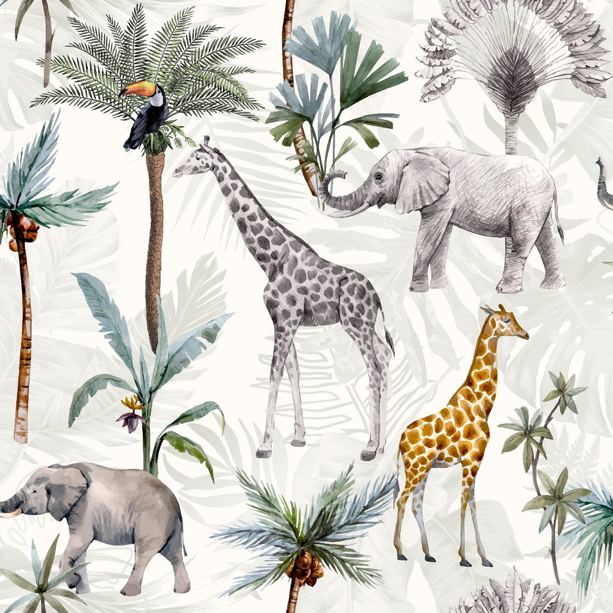 Hiram Multicolor Serengeti animals wallpaper by Arthouse with giraffes, elephants and palms