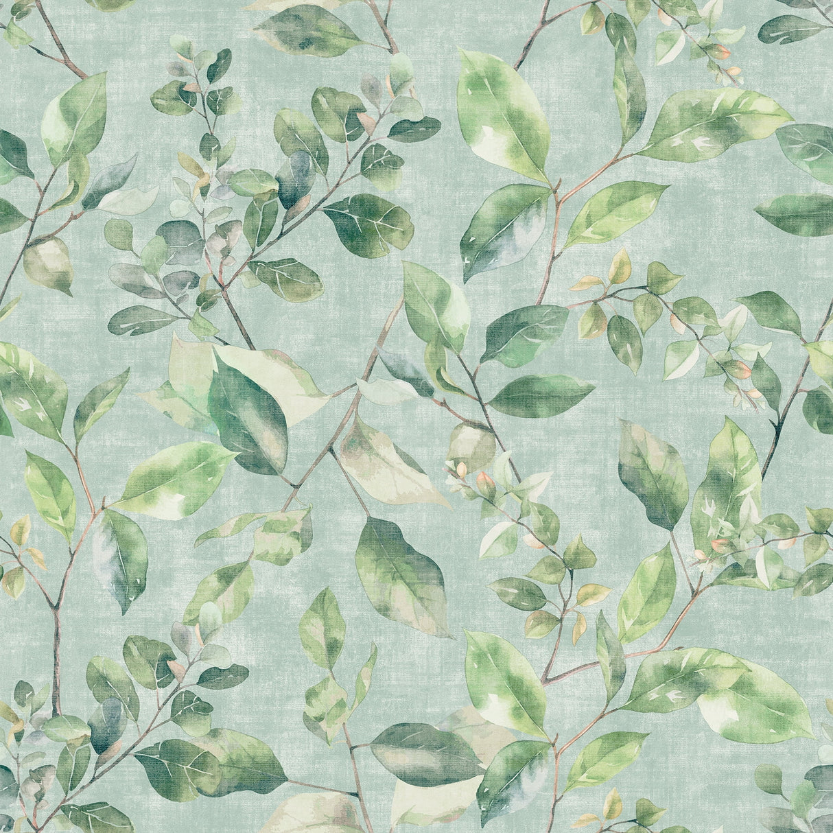 Lucene Green Spring Vines wallpaper with watercolor leaves on soft blue background