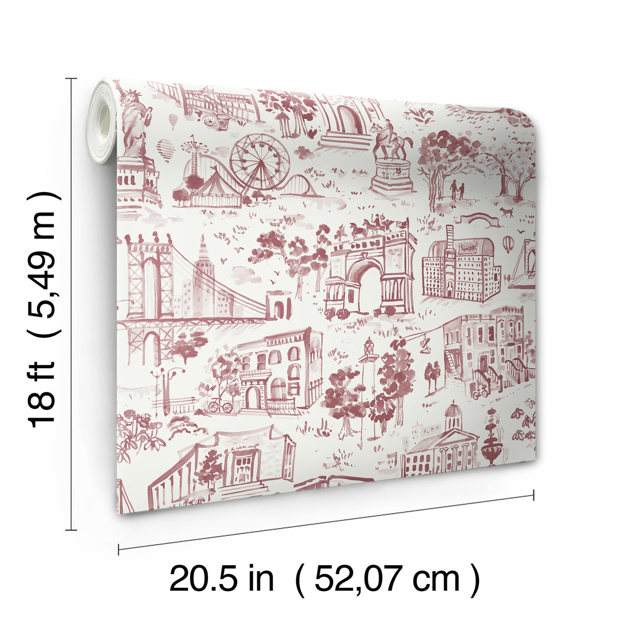 Toile de New York Brick by NuWallpaper x Brownstone Boys Hand-Drawn NYC Landmarks Traditional Toile Peel and Stick Wallpaper Roll - BBS6545