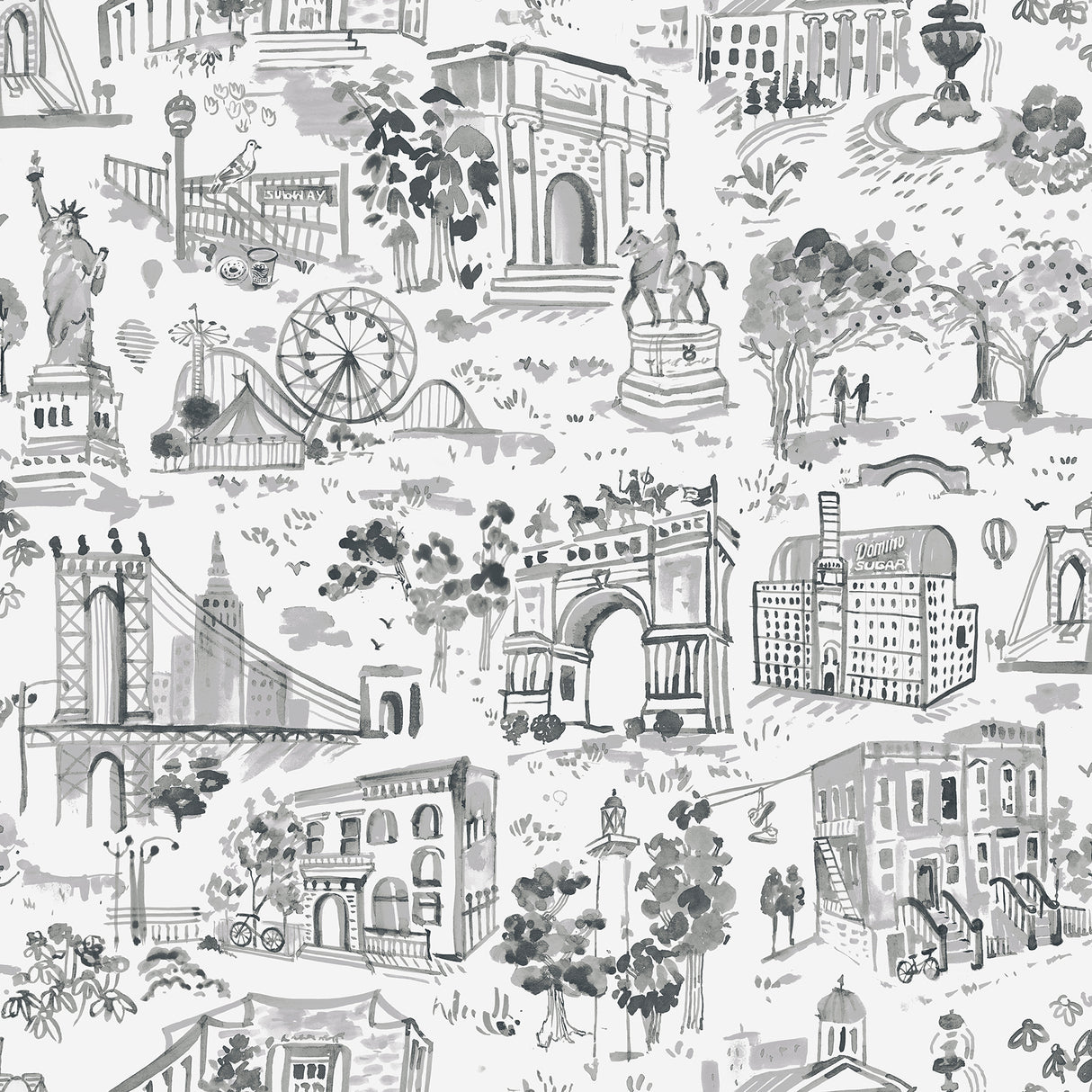Toile de New York Graphite Peel and Stick Wallpaper by NuWallpaper featuring hand-drawn New York City landmarks including the Statue of Liberty and Brooklyn Bridge - BBS6546