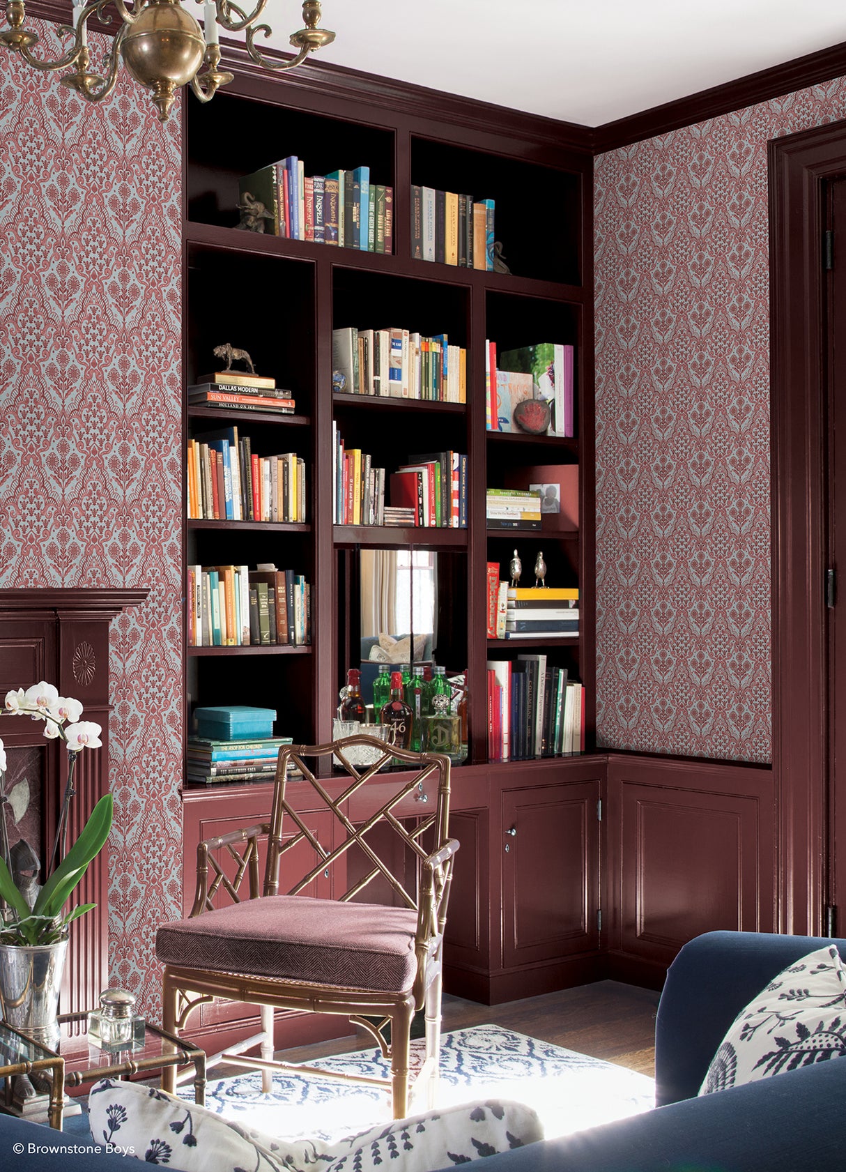 Brownstone Blooms Brick and Sky by NuWallpaper Brownstone Boys Botanical Damask Traditional Peel and Stick Wallpaper - BBS6550