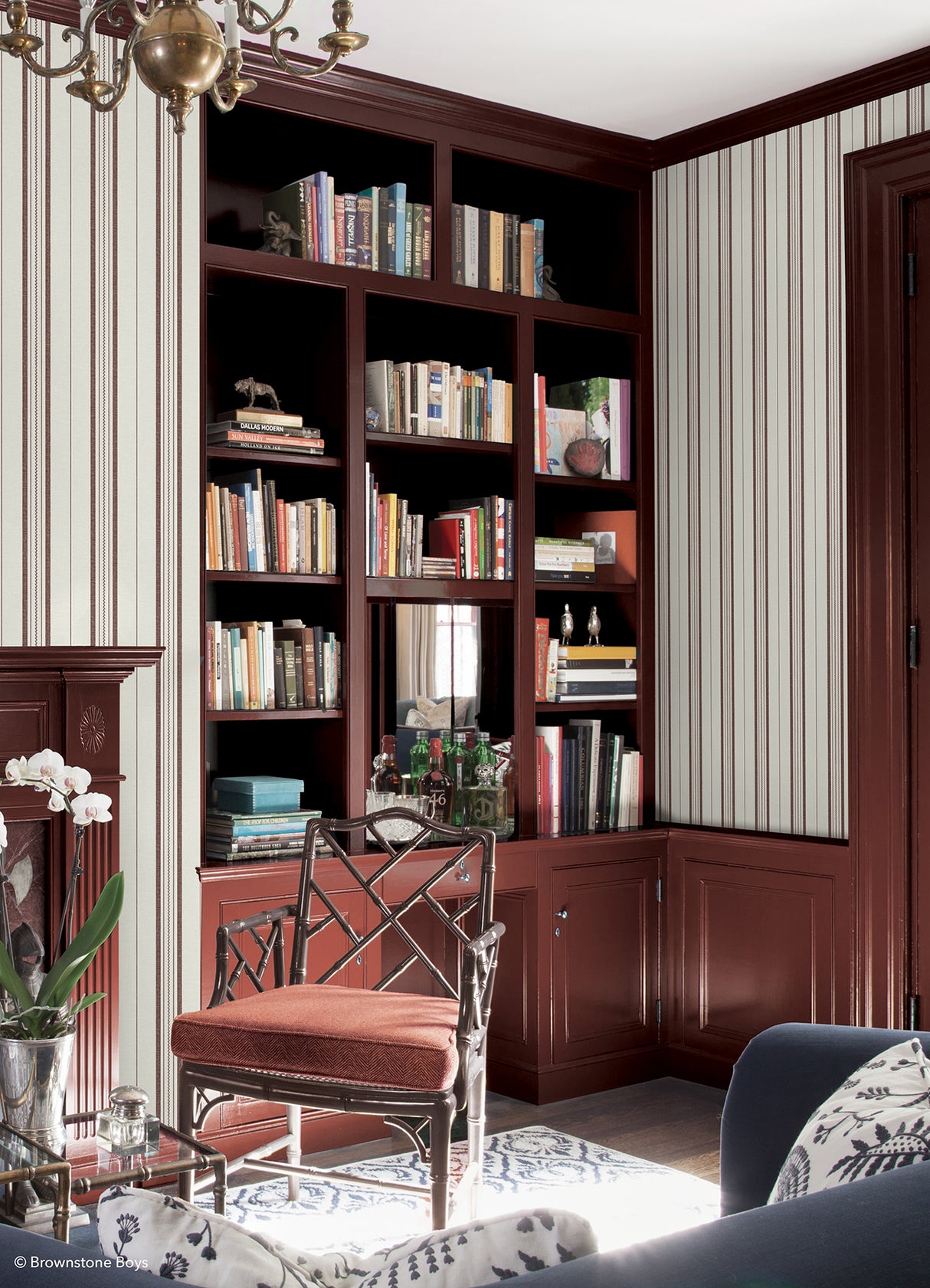 Townhouse Stripe Maroon by NuWallpaper x Brownstone Boys Traditional Linen-Textured Vertical Stripe Peel and Stick Wallpaper - BBS6553