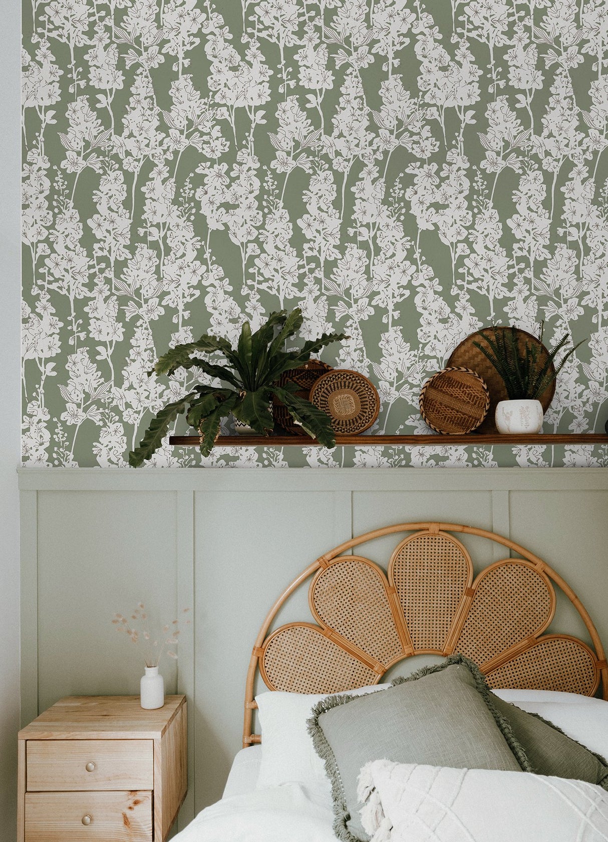 Larkspur Sage Peel & Stick Wallpaper with Botanical Floral Motif - NuWallpaper BDS6072