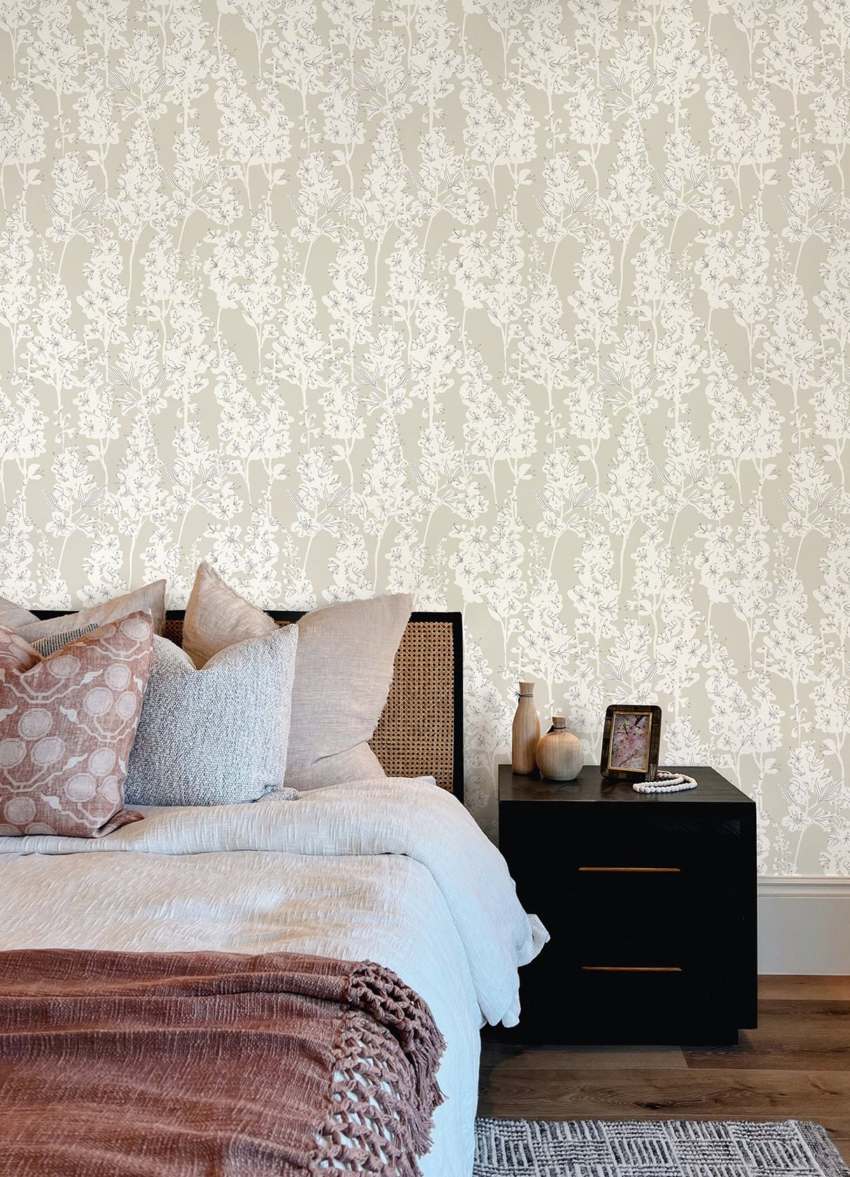 Larkspur Taupe Peel & Stick Wallpaper with Botanical Floral Motif - NuWallpaper BDS6073