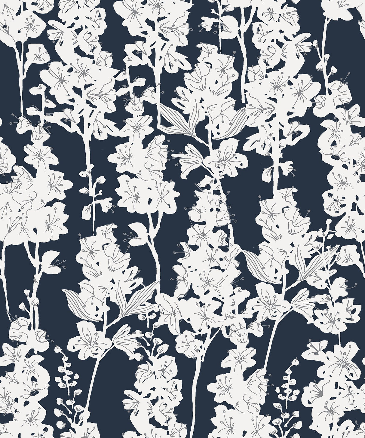 Larkspur Navy Peel & Stick Wallpaper with Botanical Floral Pattern - NuWallpaper BDS6074