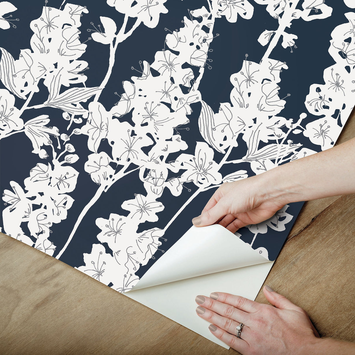 Larkspur Navy Peel & Stick Wallpaper with Botanical Floral Pattern - NuWallpaper BDS6074