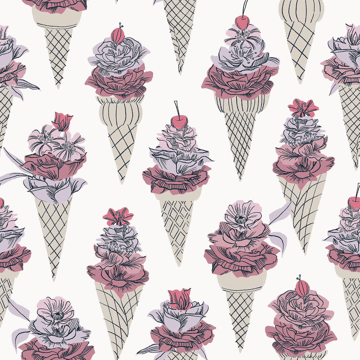 Floral Ice Cream Pink Peel & Stick Wallpaper with Botanical Ice Cream-Cone Floral Pattern - NuWallpaper BDS6075