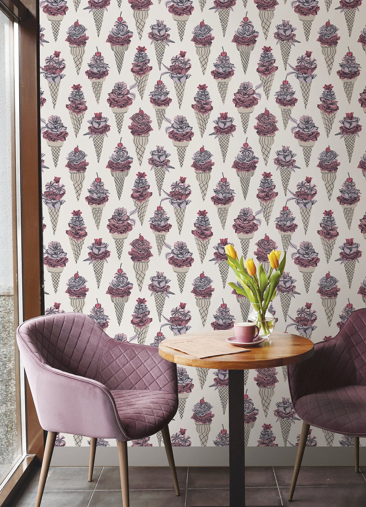 Floral Ice Cream Pink Peel & Stick Wallpaper with Botanical Ice Cream-Cone Floral Pattern - NuWallpaper BDS6075
