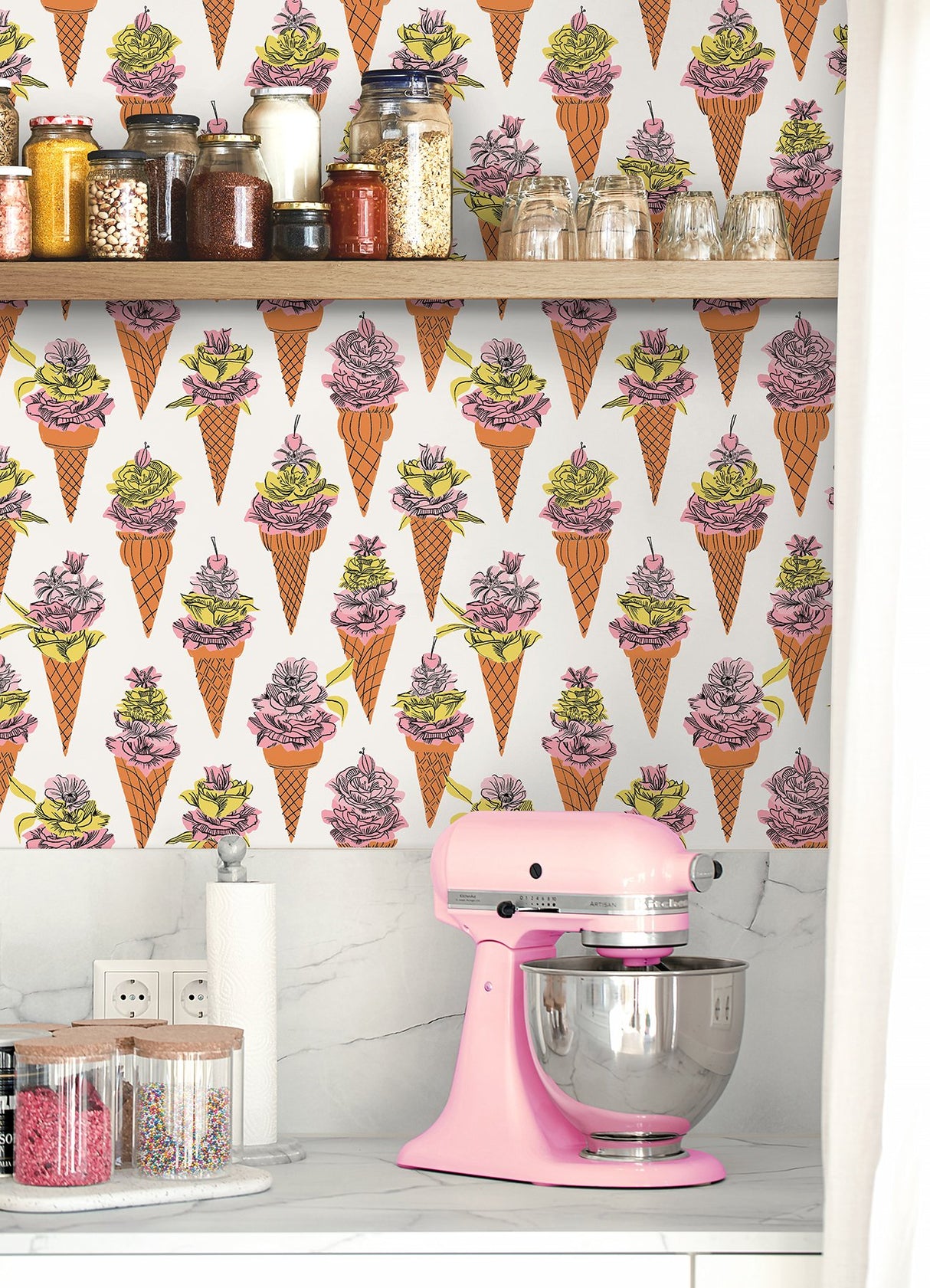 Floral Ice Cream Orange Peel & Stick Wallpaper with Modern Botanical Flowers Pattern - NuWallpaper BDS6076