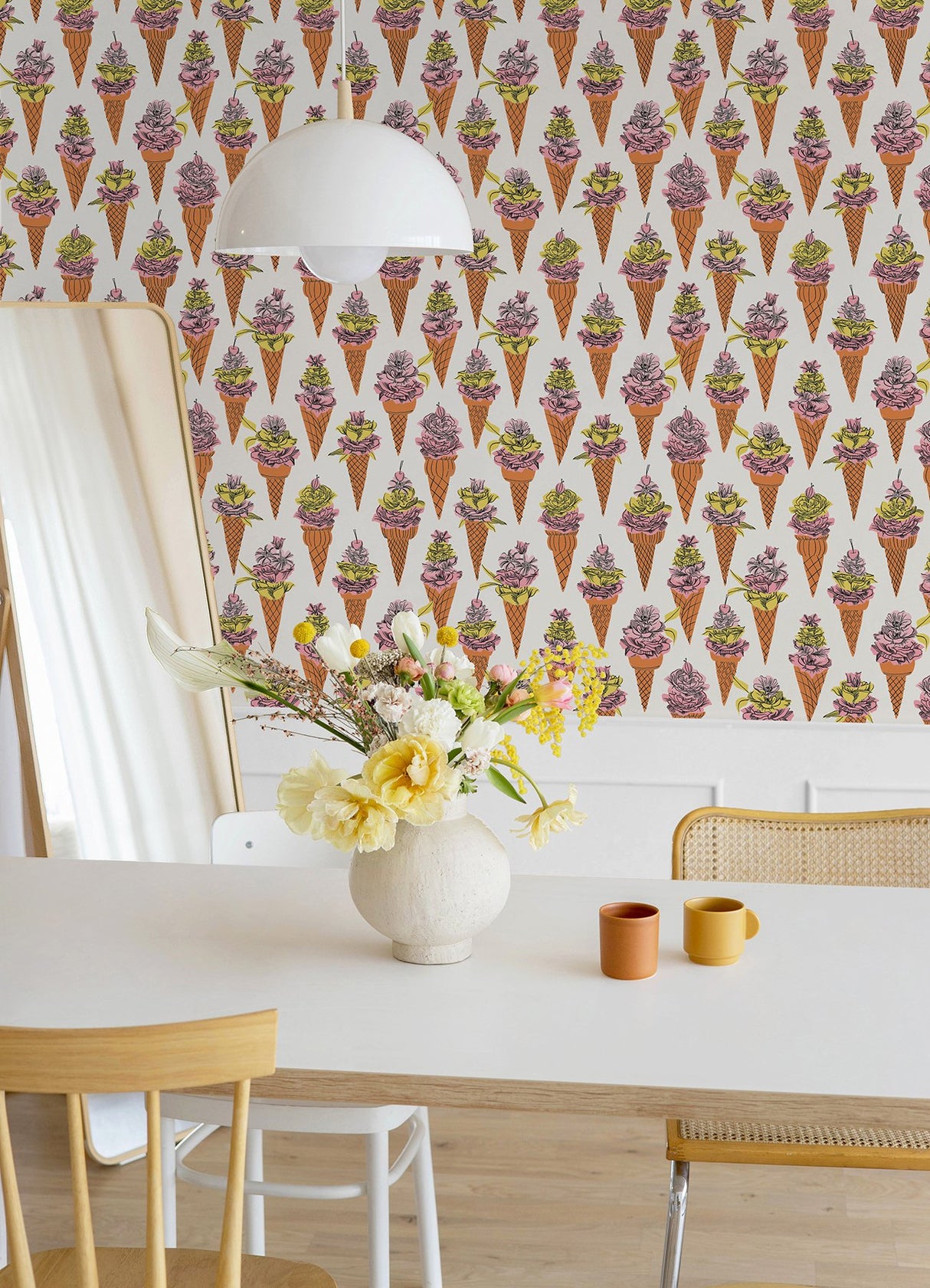 Floral Ice Cream Orange Peel & Stick Wallpaper with Modern Botanical Flowers Pattern - NuWallpaper BDS6076
