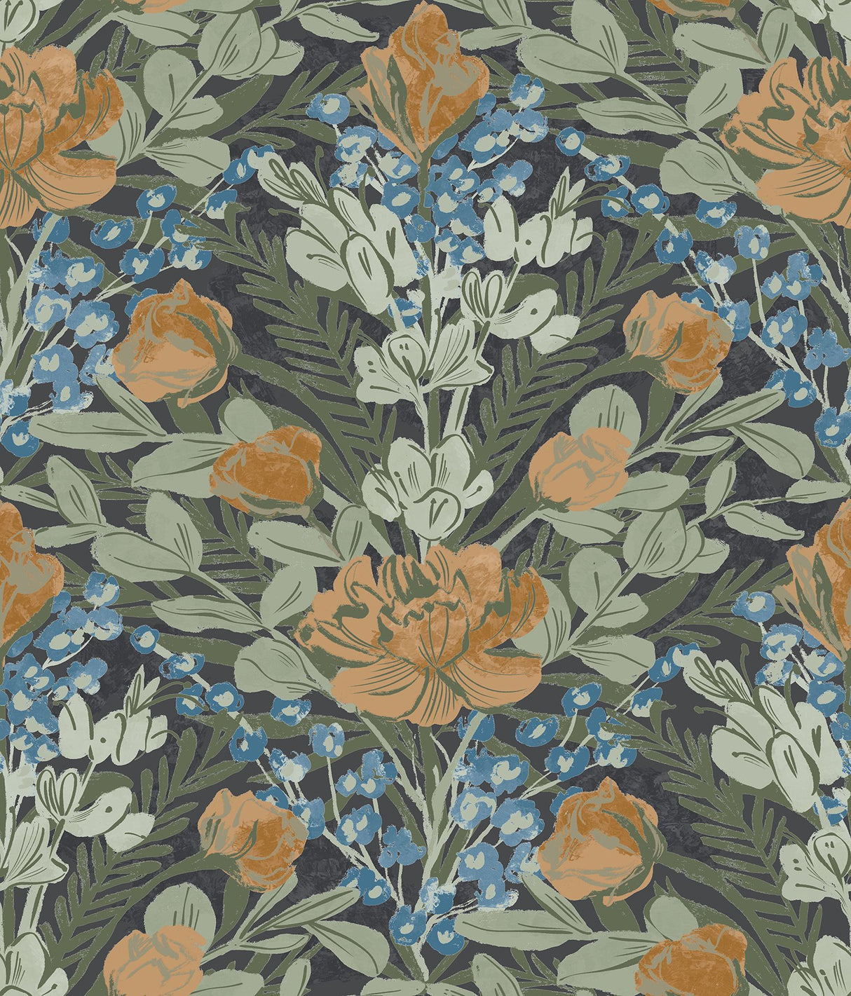 Moody June Blooms Dark Peel & Stick Wallpaper with Botanical Floral Damask - NuWallpaper BDS6079