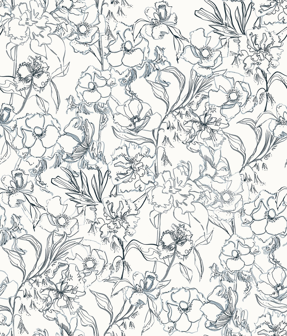 May Bloom Navy Peel & Stick Wallpaper with Botanical Floral Linework - NuWallpaper BDS6080