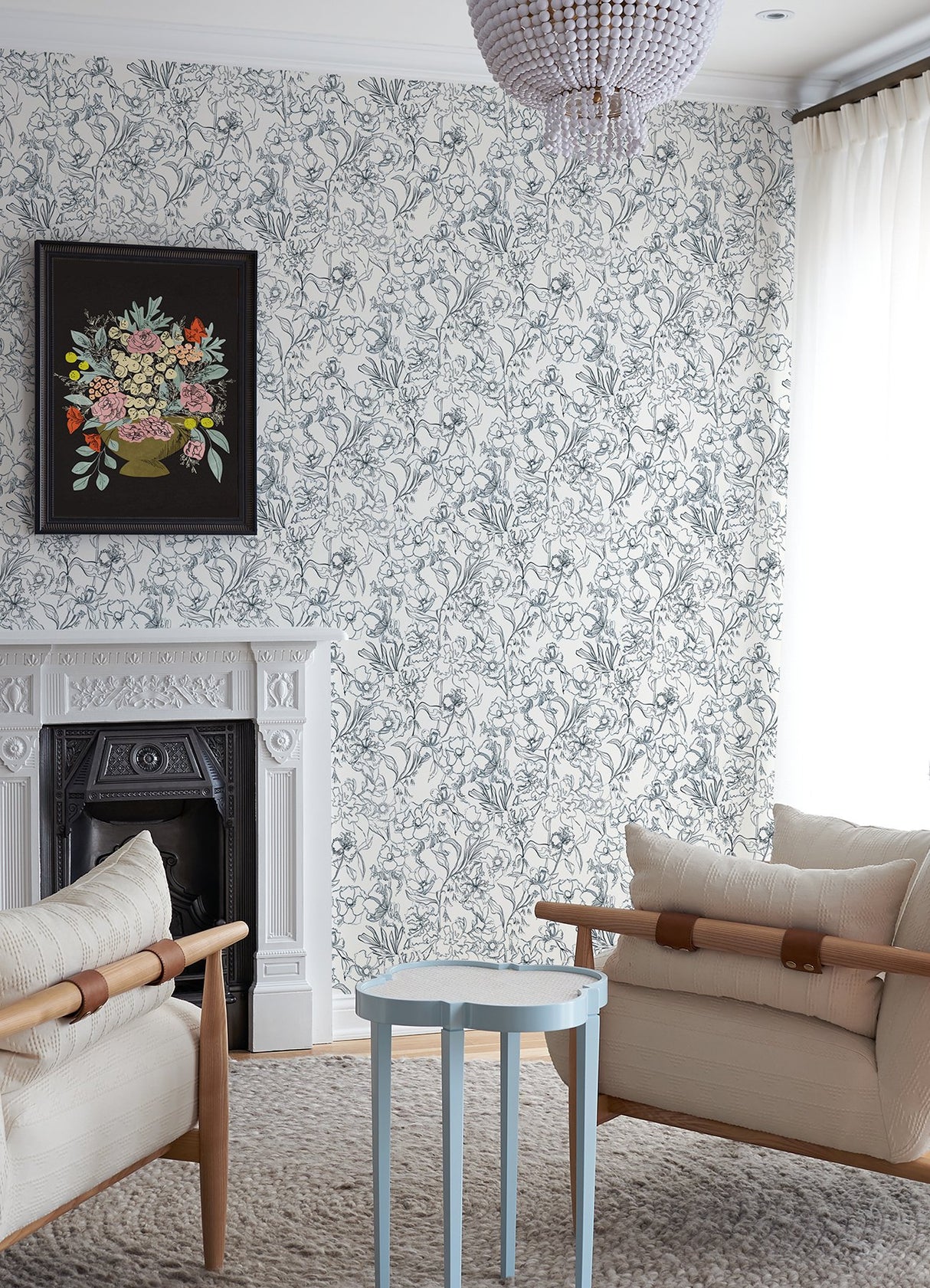May Bloom Navy Peel & Stick Wallpaper with Botanical Floral Linework - NuWallpaper BDS6080