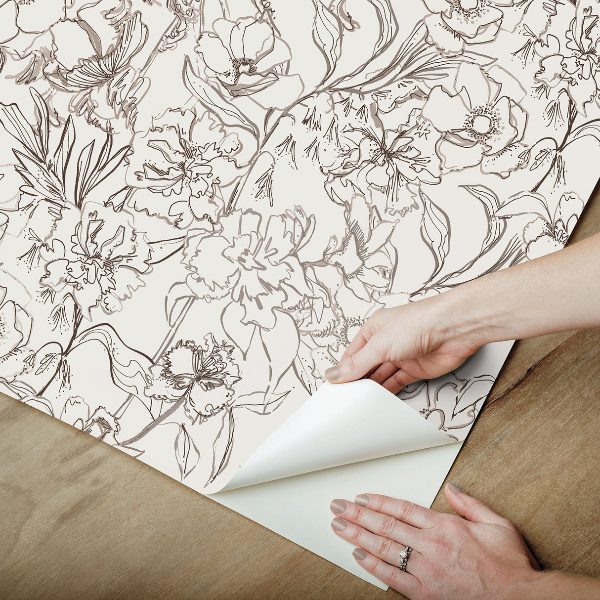 May Bloom Brown Peel & Stick Wallpaper with Botanical Floral Linework - Brewster BDS6081