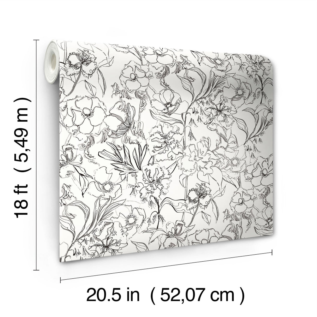 May Bloom Grey Peel & Stick Wallpaper with Floral Linework - NuWallpaper BDS6082