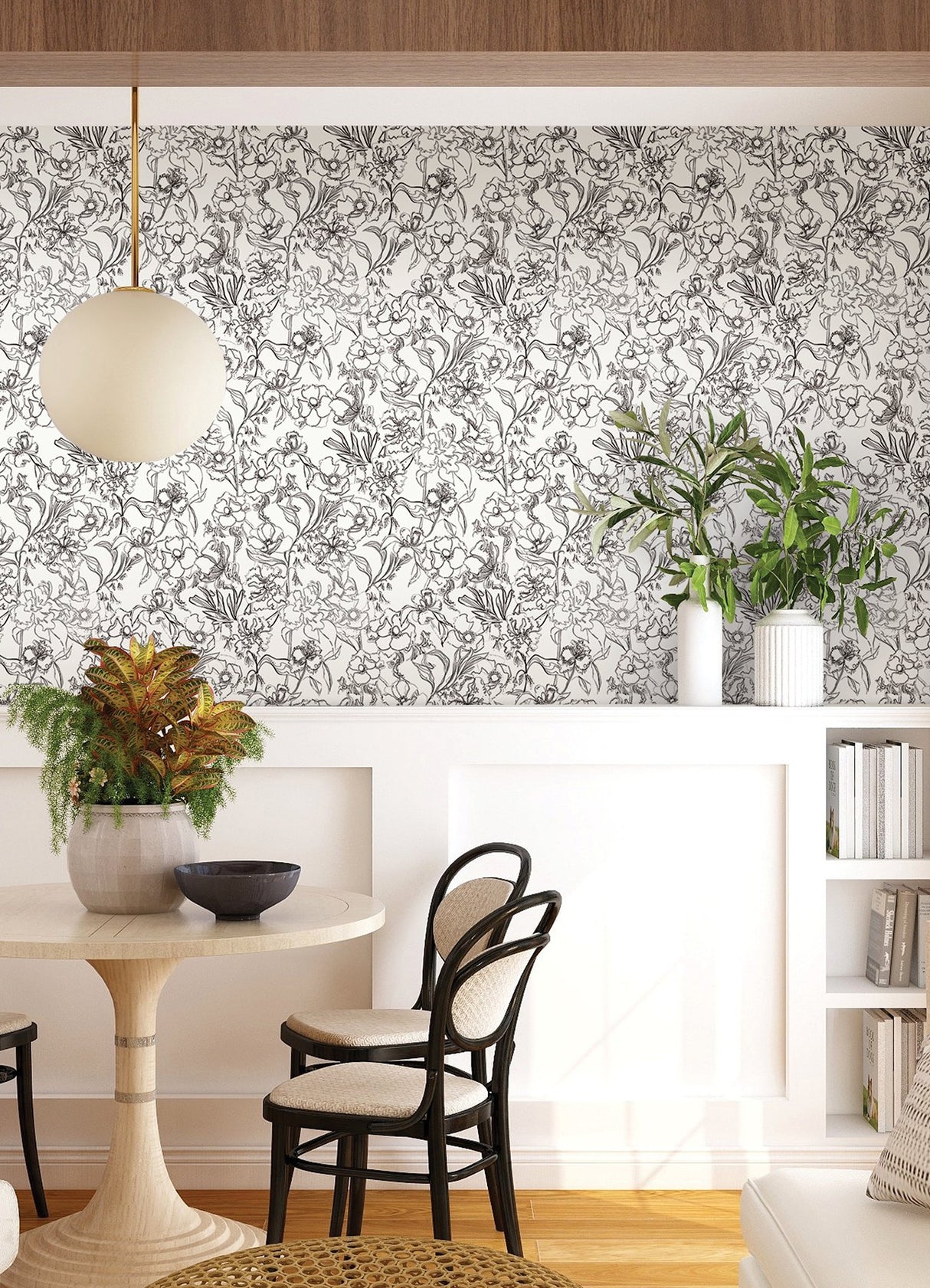 May Bloom Grey Peel & Stick Wallpaper with Floral Linework - NuWallpaper BDS6082