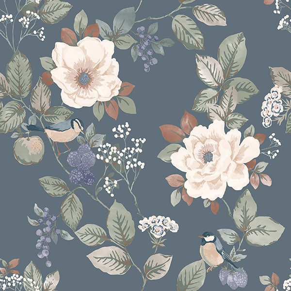 Bramble Blue Floral Wallpaper by Belgravia Decor – roll detail and room setting