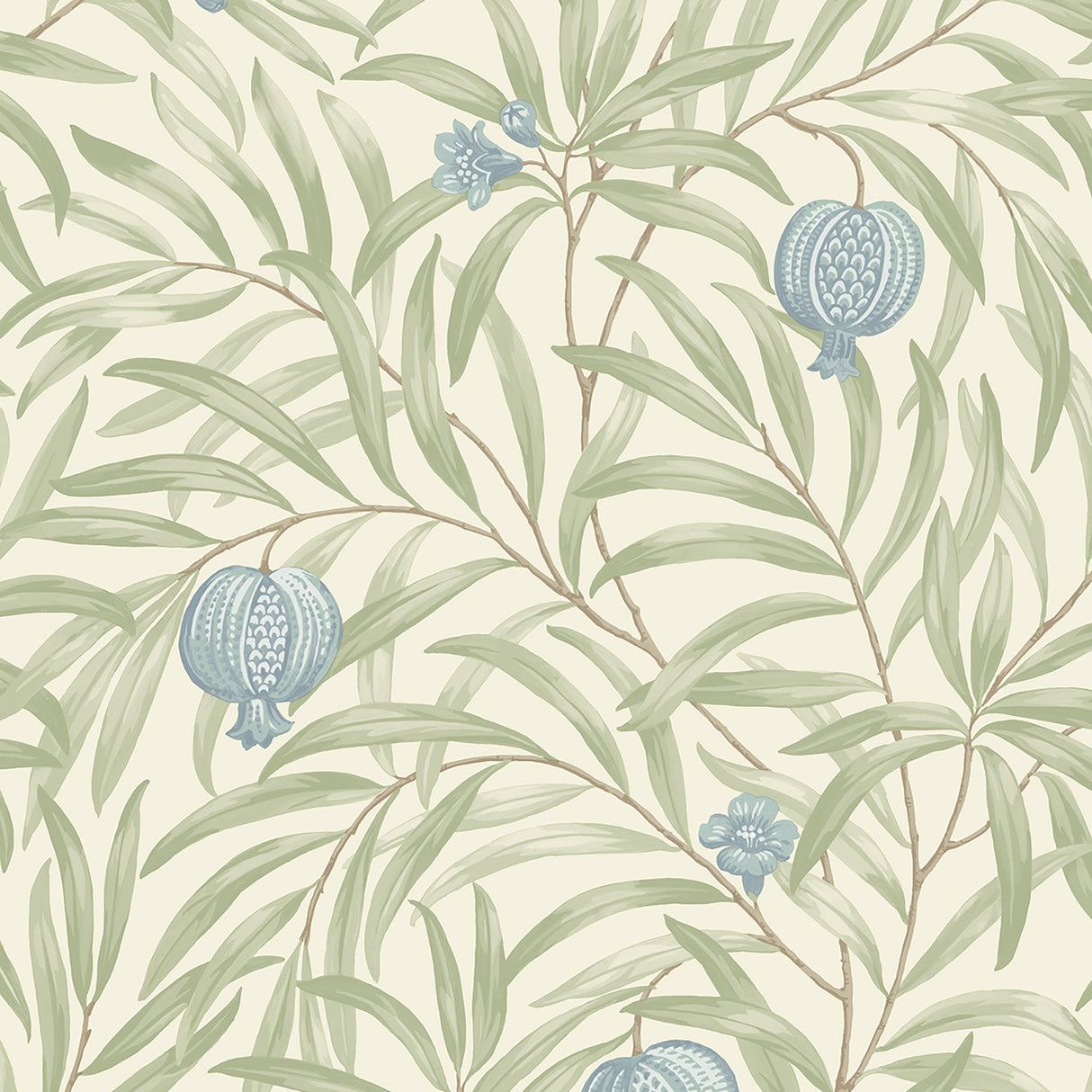 Elena Blue Pomegranate wallpaper pattern with leafy branches and blue fruit