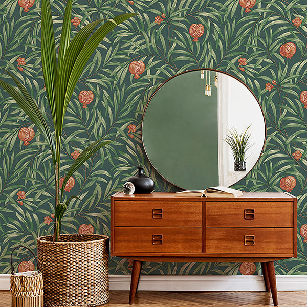 Elena Green Pomegranate by Belgravia Decor Botanical Wallpaper- Brewster Home Fashions BG9613