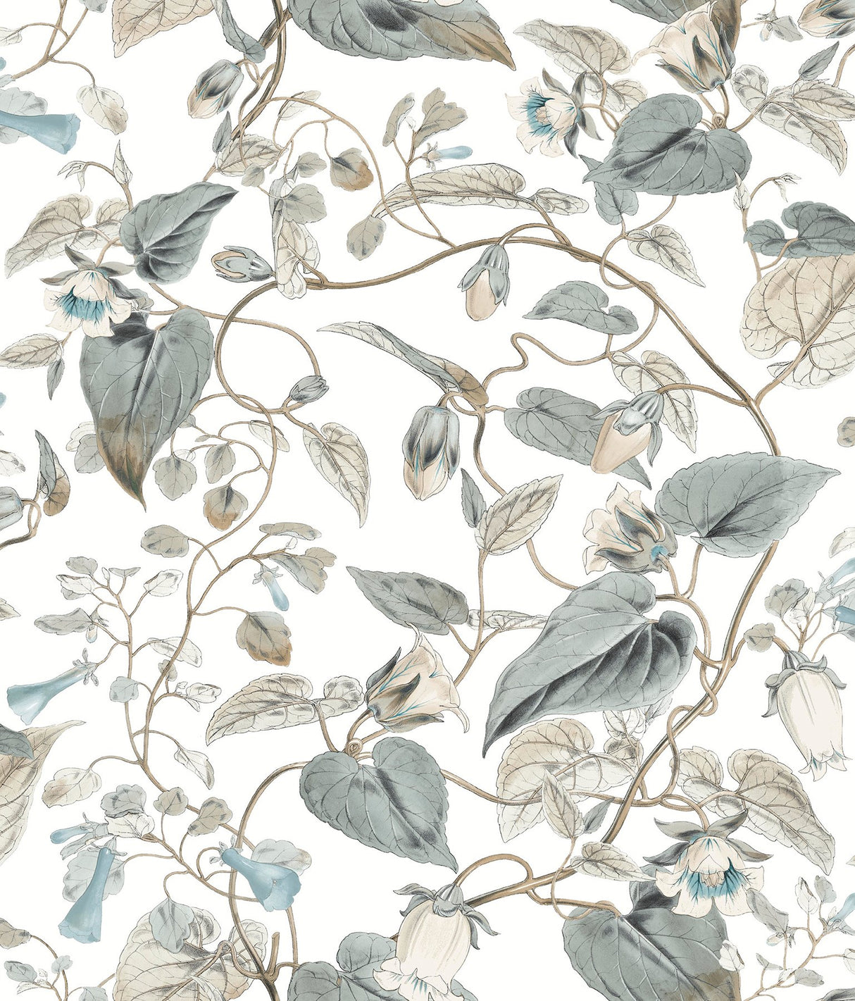 Moon Flower White & Blue Wallpaper with Floral Vine Pattern - York BL1715