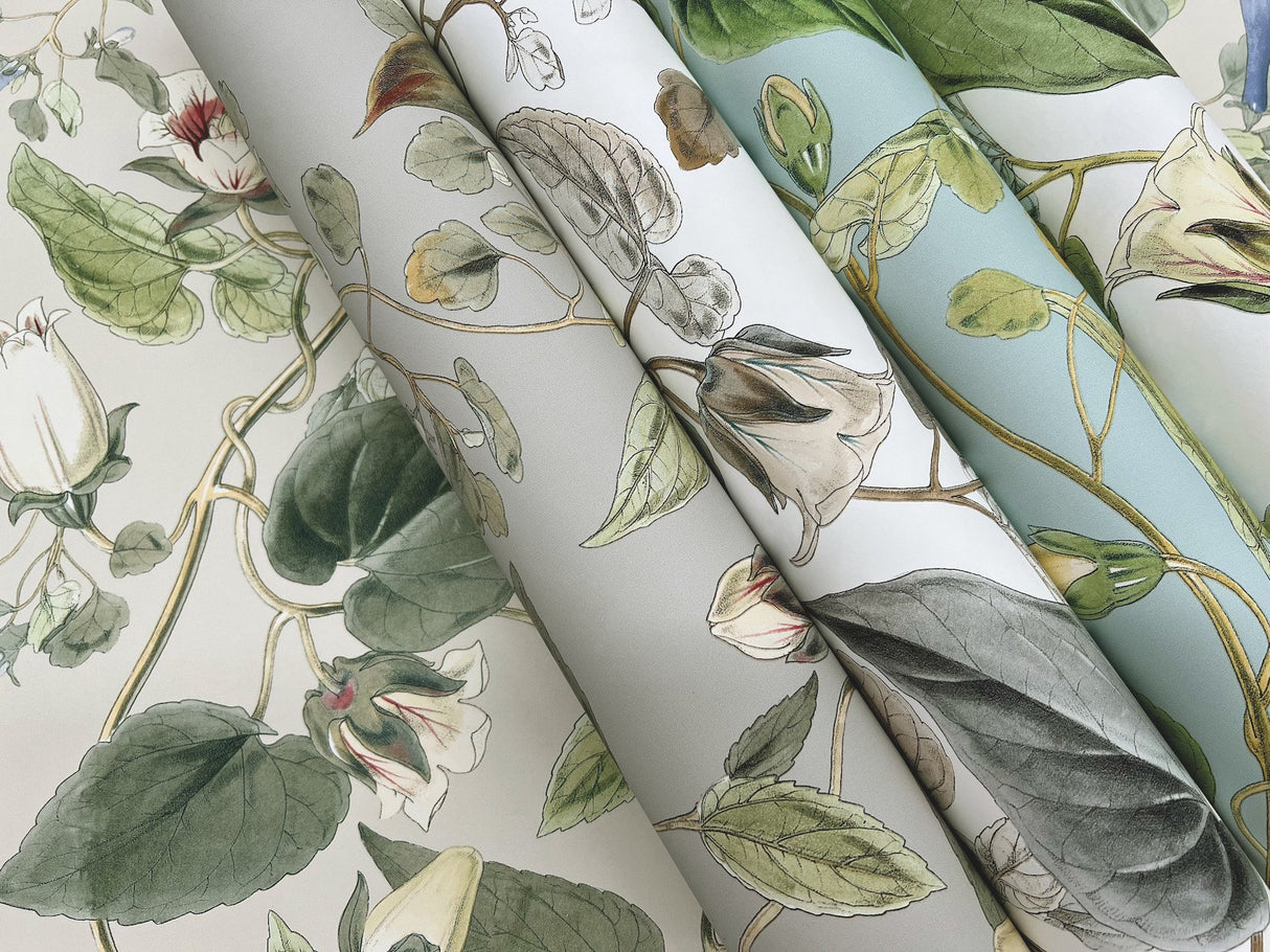 Moon Flower White & Blue Wallpaper with Floral Vine Pattern - York BL1715