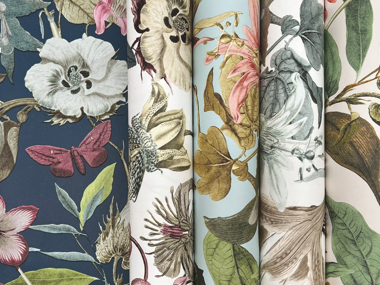 Butterfly House White & Blue Wallpaper with Botanical Butterfly Motif - York BL1722
