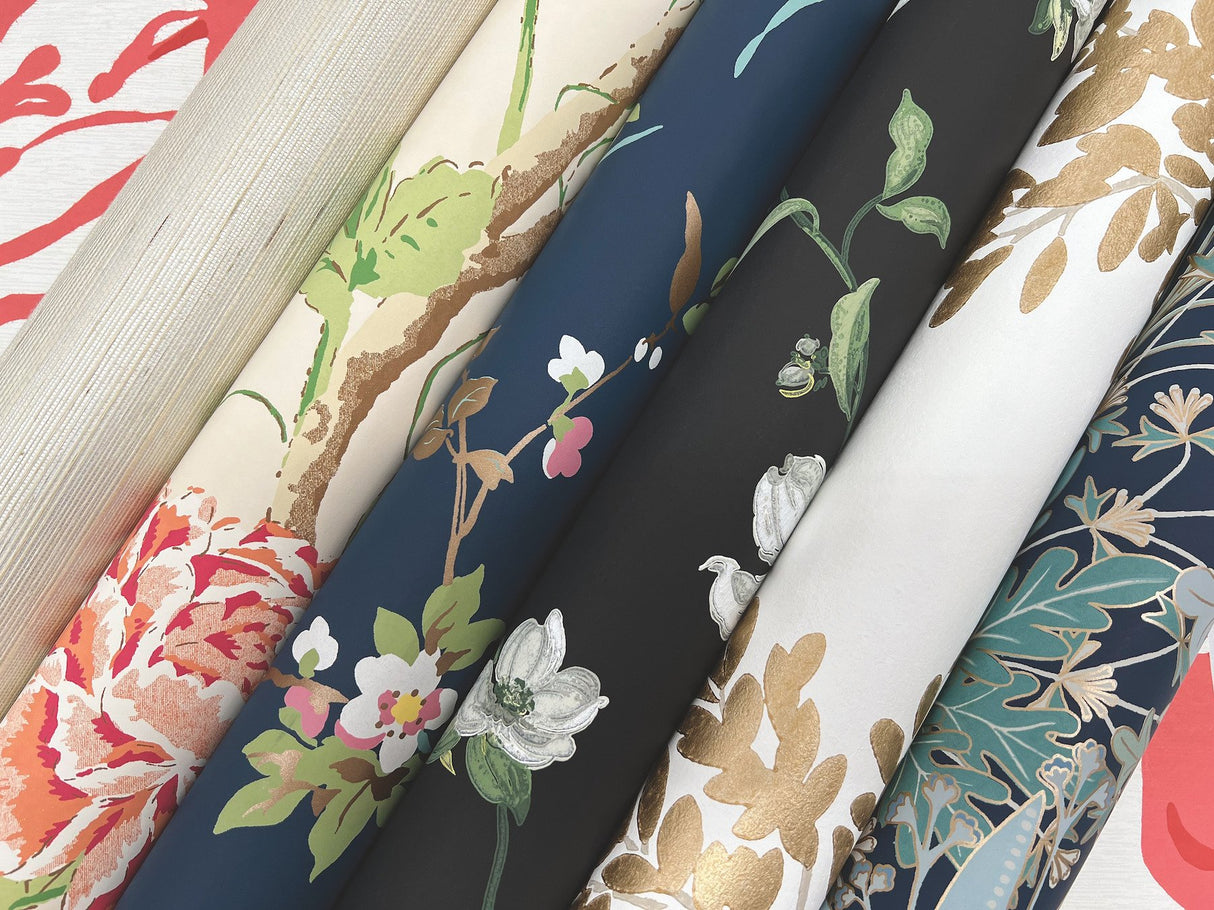 Butterfly House Navy Wallpaper with Exotic Floral and Butterfly Motif - York BL1723